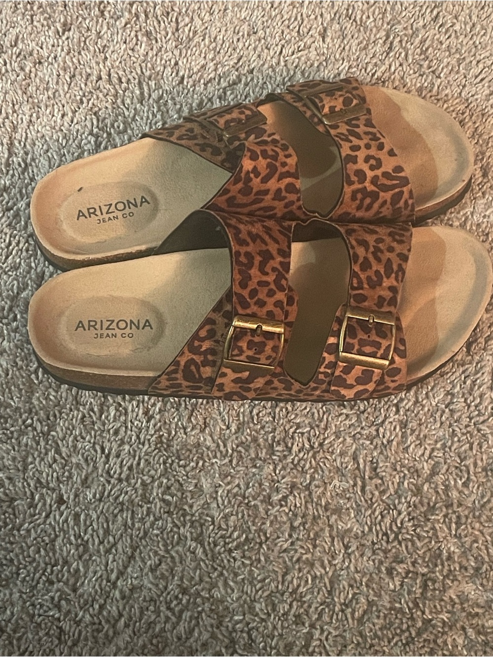 Arizona Jean Company Leopard Print Double-Buckle Slide Sandals - Brown worn once